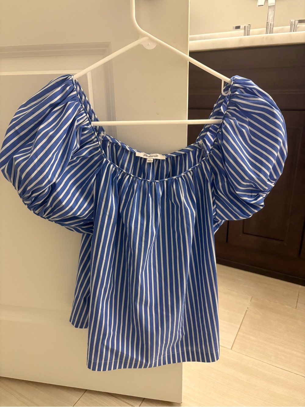 Madewell Blue Striped Puff-Sleeve Square Neck Top NWOT - Picture 2 of 3